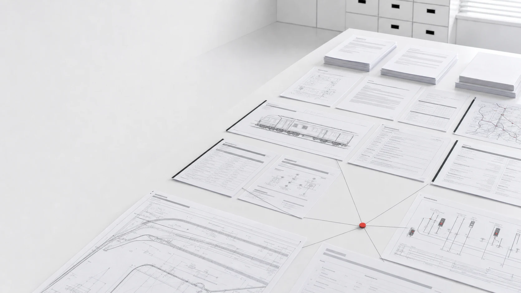 Rail signalling schematics, rolling-stock drawings, DfT-style notices, track maps and subsystem supplier records converging on a crimson decision node